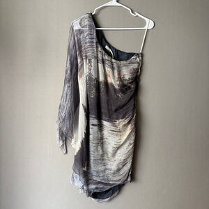 Leon Max sz‎ S blue gray 100% silk one shoulder mini dress